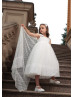 Square Neck Ivory Lace Tulle Tea Length Flower Girl Dress